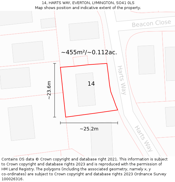 14, HARTS WAY, EVERTON, LYMINGTON, SO41 0LS: Plot and title map