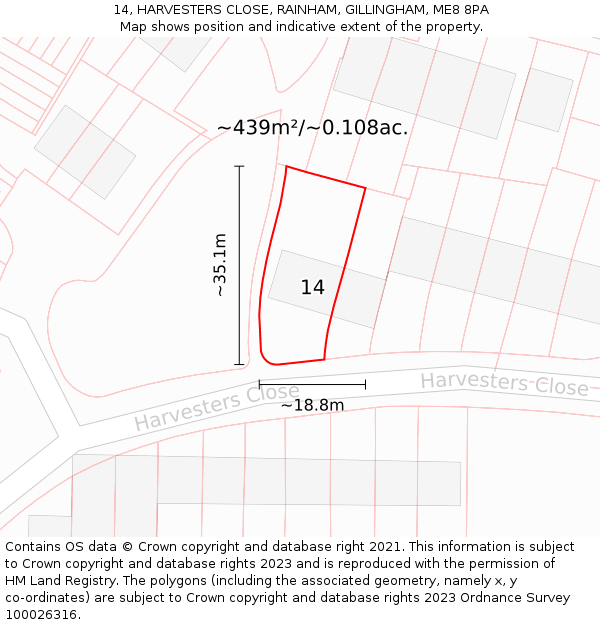 14, HARVESTERS CLOSE, RAINHAM, GILLINGHAM, ME8 8PA: Plot and title map