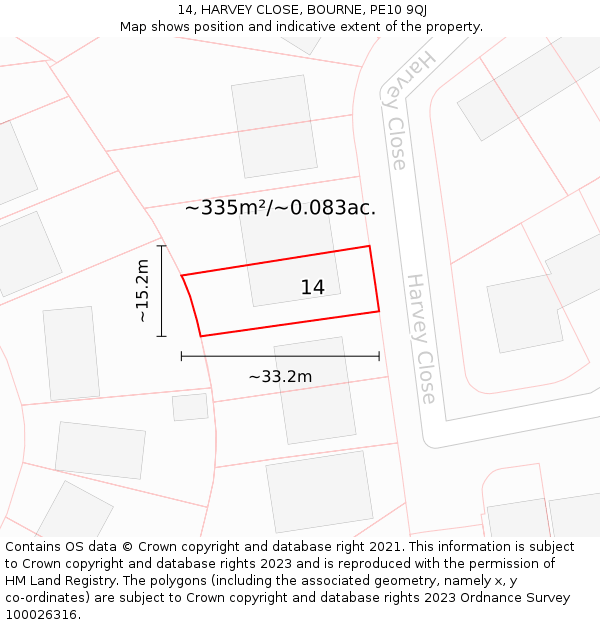 14, HARVEY CLOSE, BOURNE, PE10 9QJ: Plot and title map