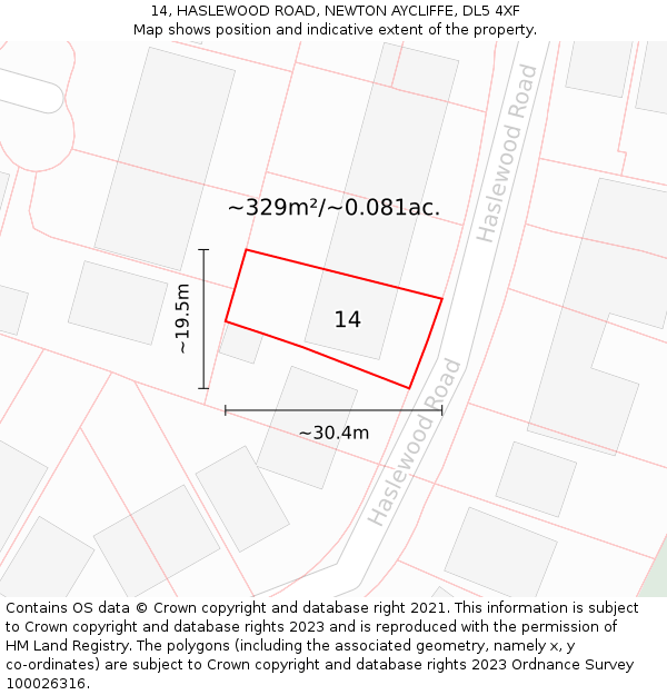 14, HASLEWOOD ROAD, NEWTON AYCLIFFE, DL5 4XF: Plot and title map