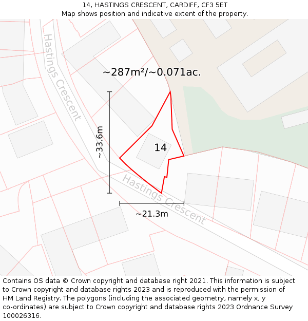 14, HASTINGS CRESCENT, CARDIFF, CF3 5ET: Plot and title map