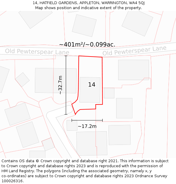 14, HATFIELD GARDENS, APPLETON, WARRINGTON, WA4 5QJ: Plot and title map