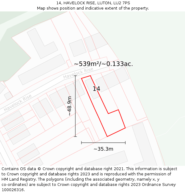 14, HAVELOCK RISE, LUTON, LU2 7PS: Plot and title map