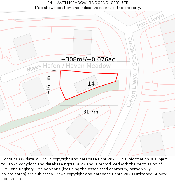 14, HAVEN MEADOW, BRIDGEND, CF31 5EB: Plot and title map