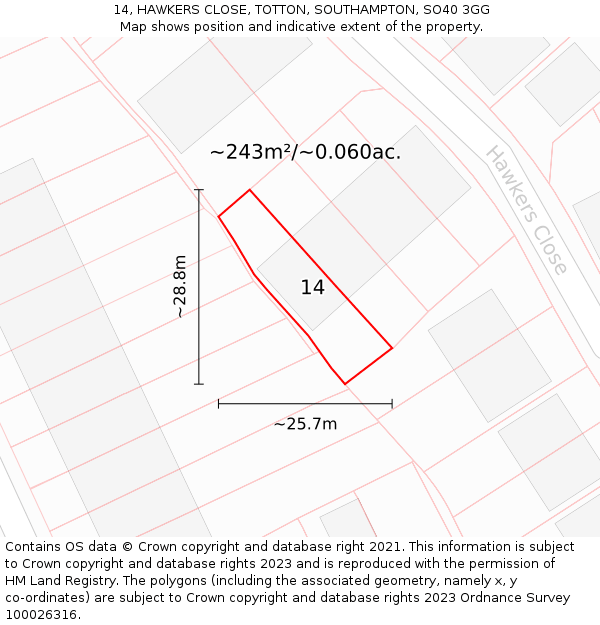 14, HAWKERS CLOSE, TOTTON, SOUTHAMPTON, SO40 3GG: Plot and title map