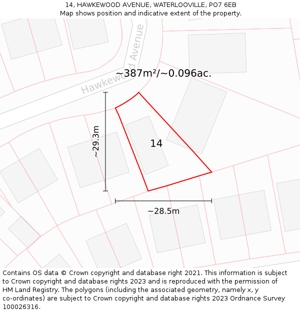 14, HAWKEWOOD AVENUE, WATERLOOVILLE, PO7 6EB: Plot and title map
