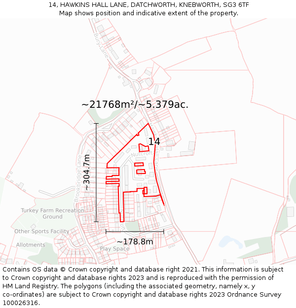 14, HAWKINS HALL LANE, DATCHWORTH, KNEBWORTH, SG3 6TF: Plot and title map