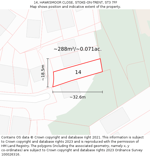 14, HAWKSMOOR CLOSE, STOKE-ON-TRENT, ST3 7FF: Plot and title map