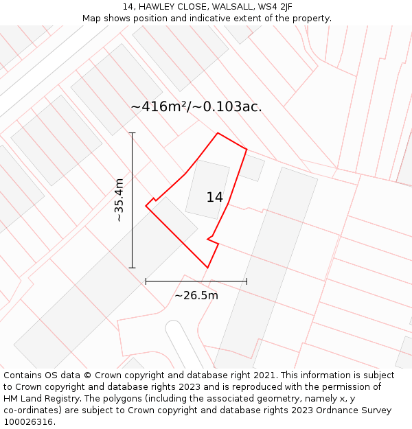 14, HAWLEY CLOSE, WALSALL, WS4 2JF: Plot and title map