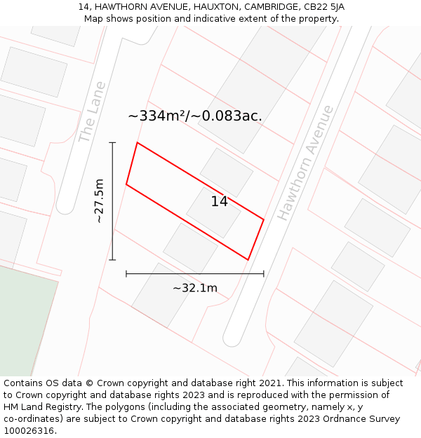 14, HAWTHORN AVENUE, HAUXTON, CAMBRIDGE, CB22 5JA: Plot and title map