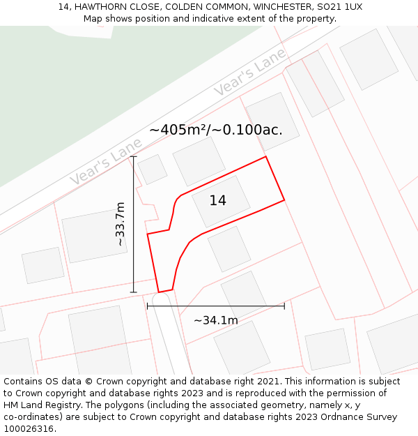 14, HAWTHORN CLOSE, COLDEN COMMON, WINCHESTER, SO21 1UX: Plot and title map