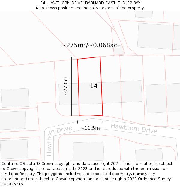 14, HAWTHORN DRIVE, BARNARD CASTLE, DL12 8AY: Plot and title map