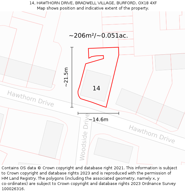 14, HAWTHORN DRIVE, BRADWELL VILLAGE, BURFORD, OX18 4XF: Plot and title map