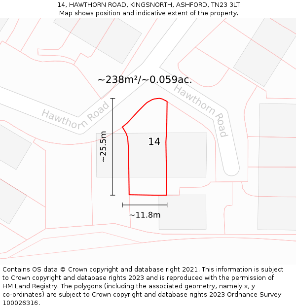 14, HAWTHORN ROAD, KINGSNORTH, ASHFORD, TN23 3LT: Plot and title map