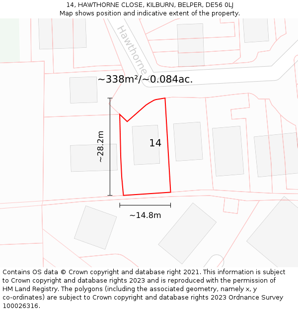 14, HAWTHORNE CLOSE, KILBURN, BELPER, DE56 0LJ: Plot and title map