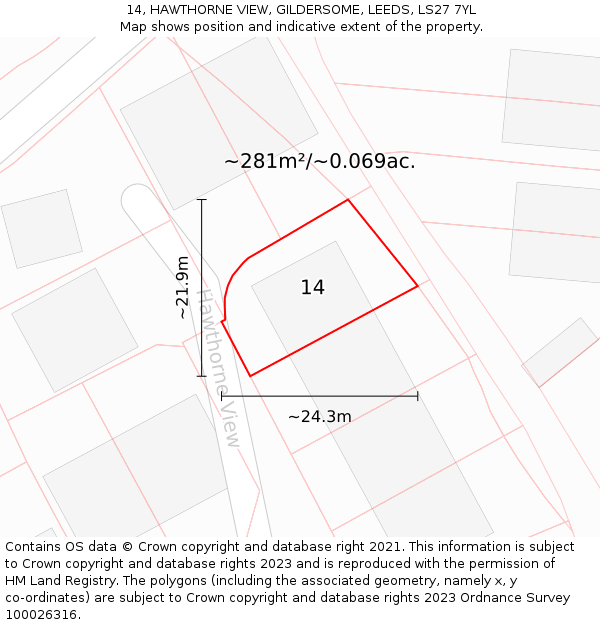 14, HAWTHORNE VIEW, GILDERSOME, LEEDS, LS27 7YL: Plot and title map