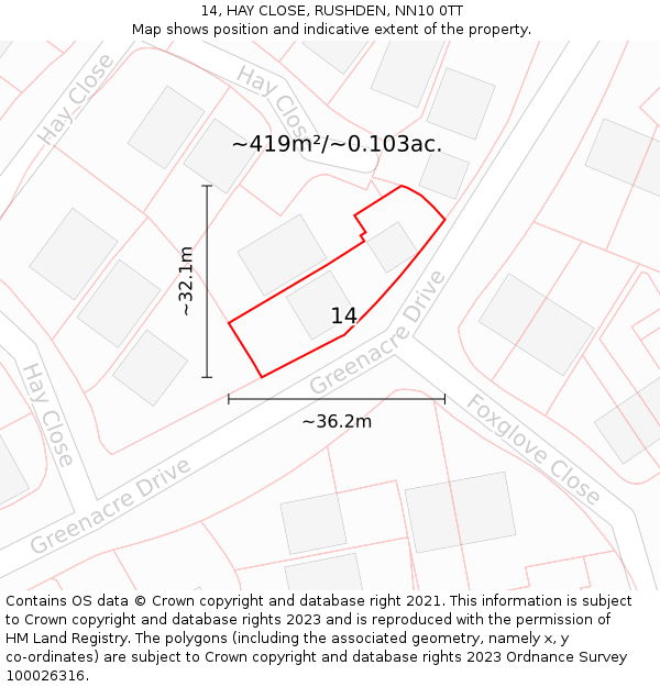 14, HAY CLOSE, RUSHDEN, NN10 0TT: Plot and title map