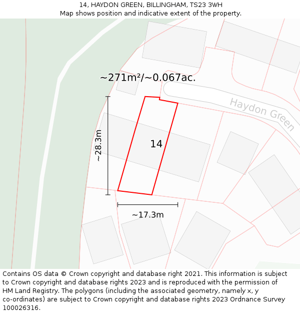 14, HAYDON GREEN, BILLINGHAM, TS23 3WH: Plot and title map