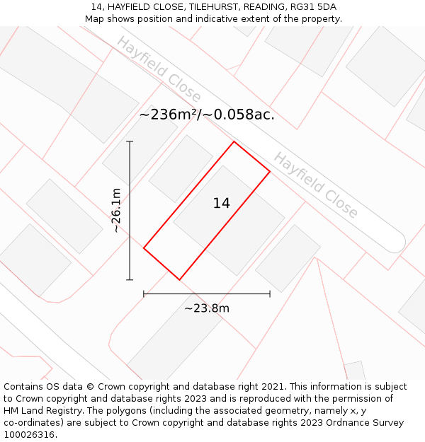 14, HAYFIELD CLOSE, TILEHURST, READING, RG31 5DA: Plot and title map