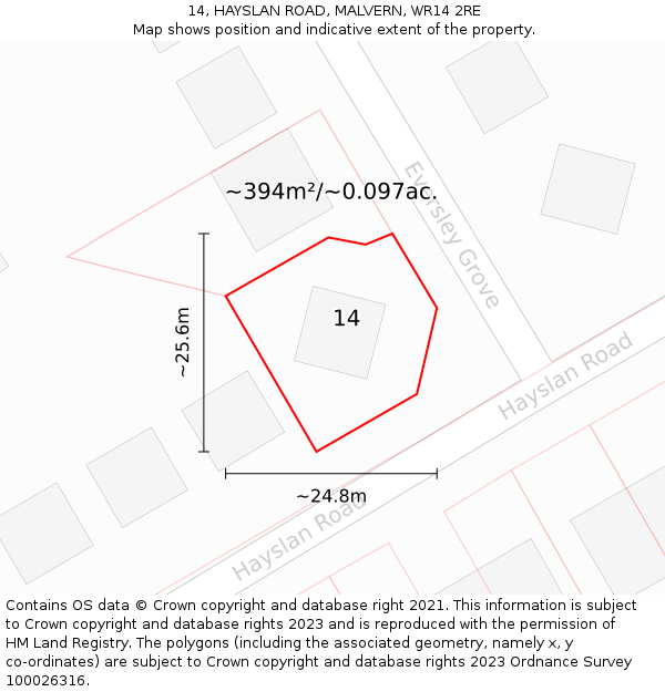 14, HAYSLAN ROAD, MALVERN, WR14 2RE: Plot and title map