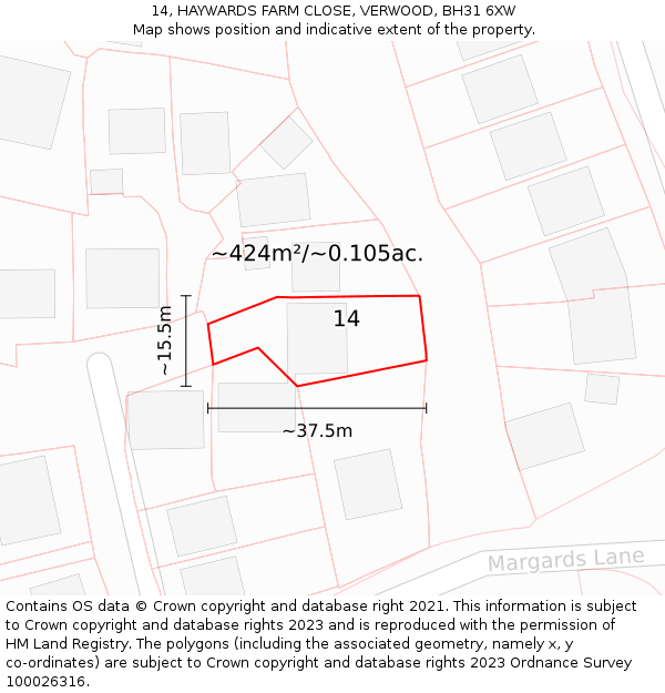 14, HAYWARDS FARM CLOSE, VERWOOD, BH31 6XW: Plot and title map