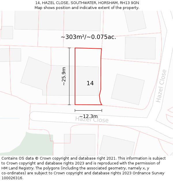 14, HAZEL CLOSE, SOUTHWATER, HORSHAM, RH13 9GN: Plot and title map