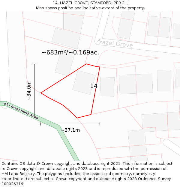 14, HAZEL GROVE, STAMFORD, PE9 2HJ: Plot and title map