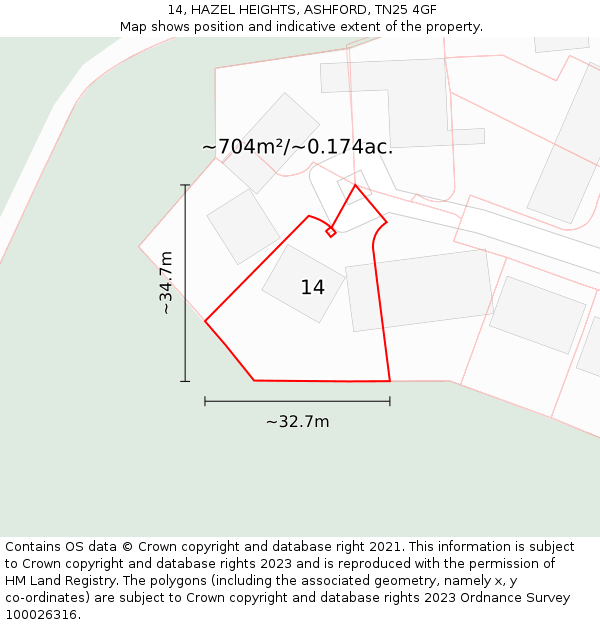 14, HAZEL HEIGHTS, ASHFORD, TN25 4GF: Plot and title map