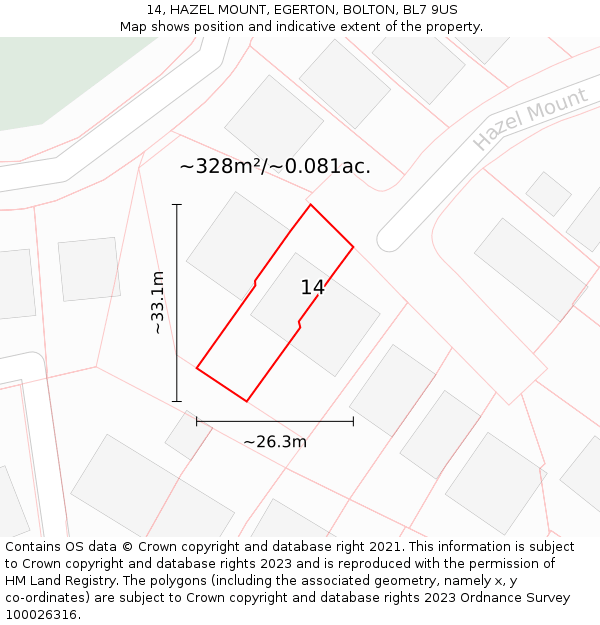 14, HAZEL MOUNT, EGERTON, BOLTON, BL7 9US: Plot and title map