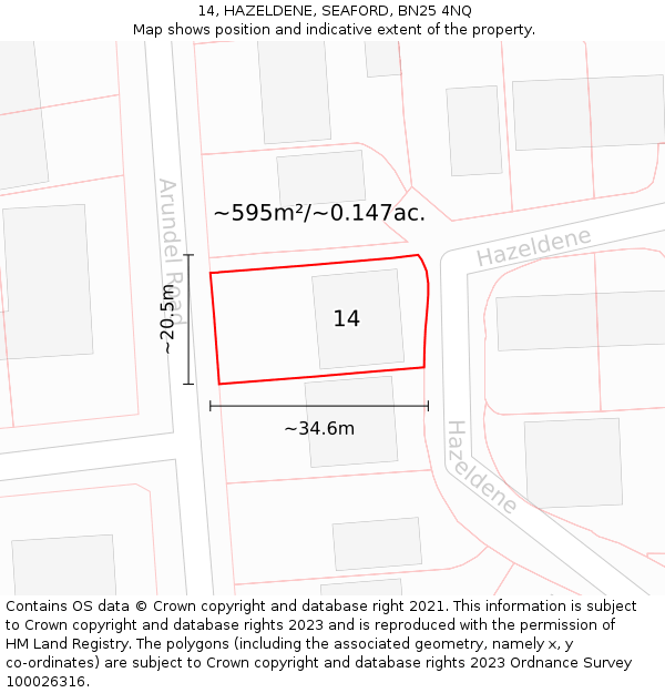 14, HAZELDENE, SEAFORD, BN25 4NQ: Plot and title map