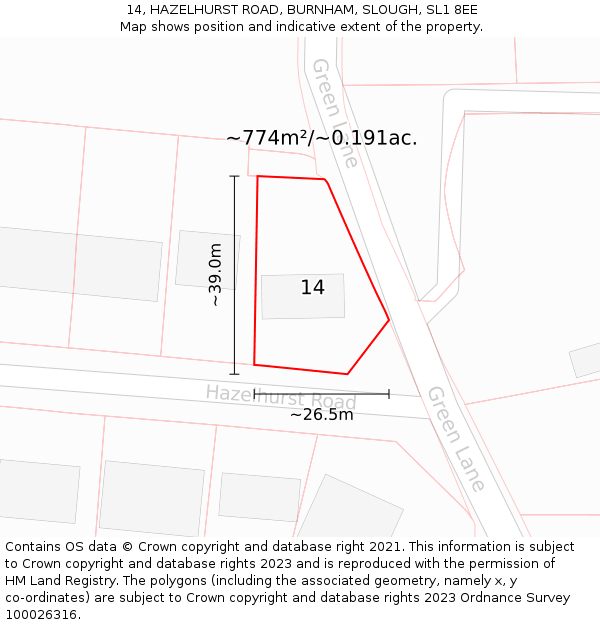 14, HAZELHURST ROAD, BURNHAM, SLOUGH, SL1 8EE: Plot and title map