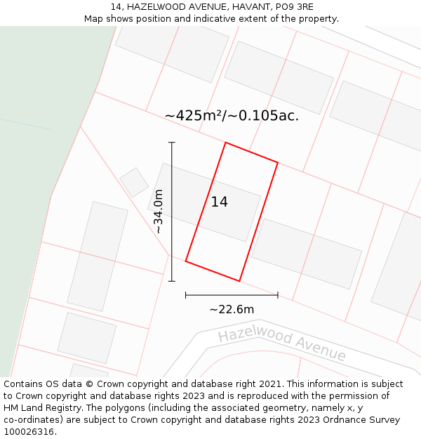 14, HAZELWOOD AVENUE, HAVANT, PO9 3RE: Plot and title map