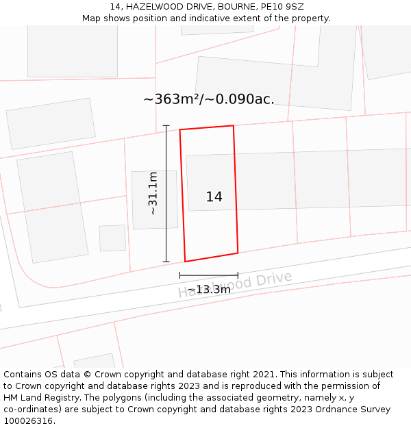 14, HAZELWOOD DRIVE, BOURNE, PE10 9SZ: Plot and title map