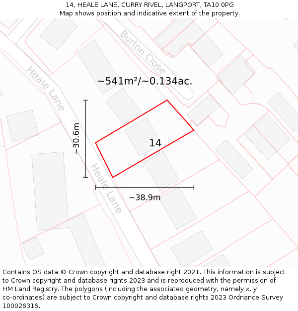 14, HEALE LANE, CURRY RIVEL, LANGPORT, TA10 0PG: Plot and title map