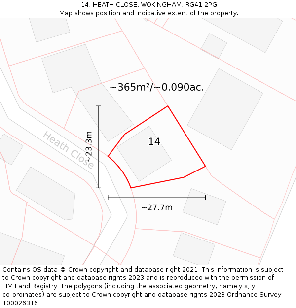 14, HEATH CLOSE, WOKINGHAM, RG41 2PG: Plot and title map