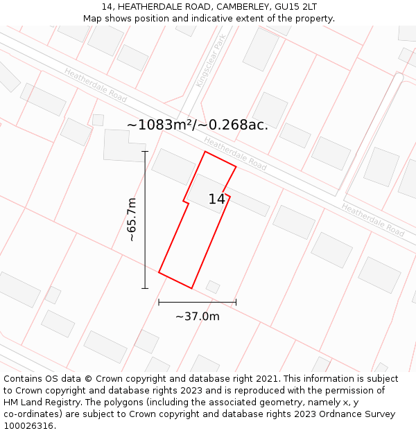 14, HEATHERDALE ROAD, CAMBERLEY, GU15 2LT: Plot and title map