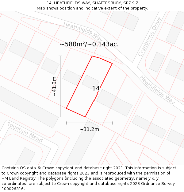 14, HEATHFIELDS WAY, SHAFTESBURY, SP7 9JZ: Plot and title map