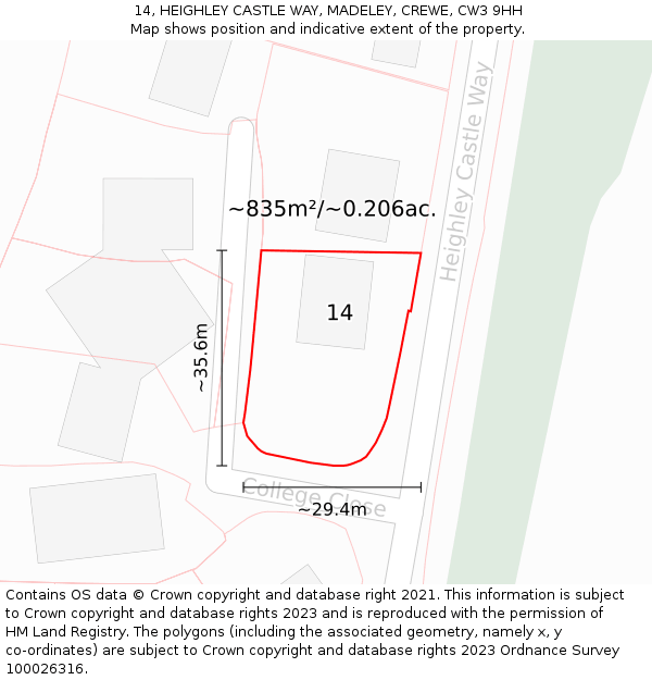 14, HEIGHLEY CASTLE WAY, MADELEY, CREWE, CW3 9HH: Plot and title map