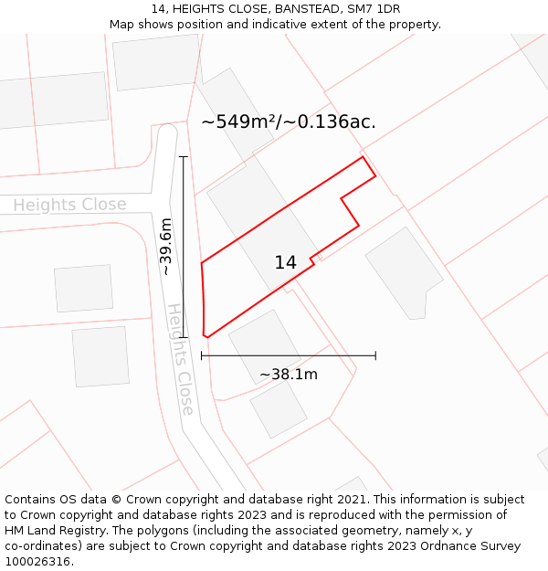 14, HEIGHTS CLOSE, BANSTEAD, SM7 1DR: Plot and title map