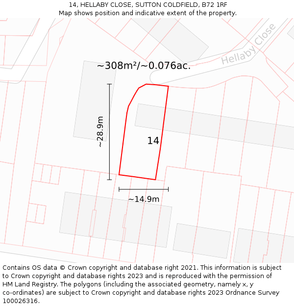 14, HELLABY CLOSE, SUTTON COLDFIELD, B72 1RF: Plot and title map