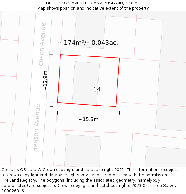 14, HENSON AVENUE, CANVEY ISLAND, SS8 8LT: Plot and title map