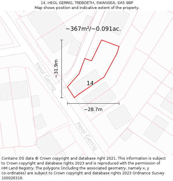 14, HEOL GERRIG, TREBOETH, SWANSEA, SA5 9BP: Plot and title map