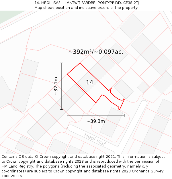 14, HEOL ISAF, LLANTWIT FARDRE, PONTYPRIDD, CF38 2TJ: Plot and title map