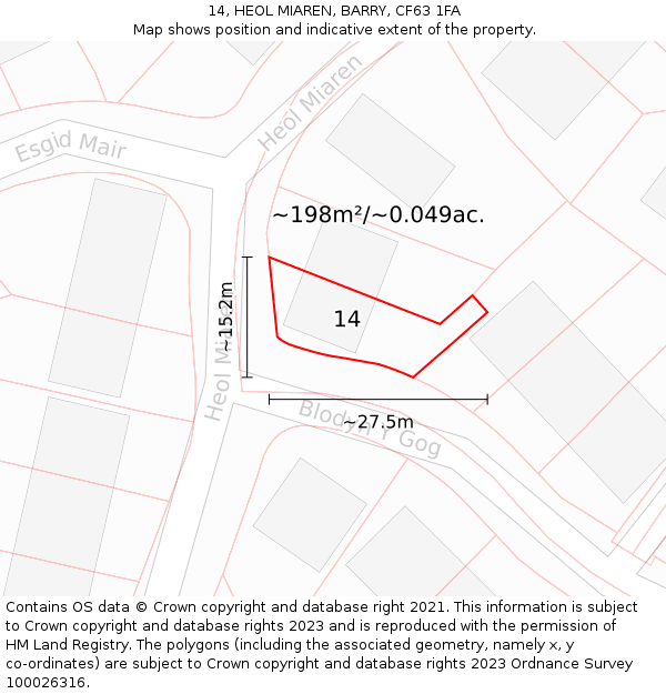 14, HEOL MIAREN, BARRY, CF63 1FA: Plot and title map