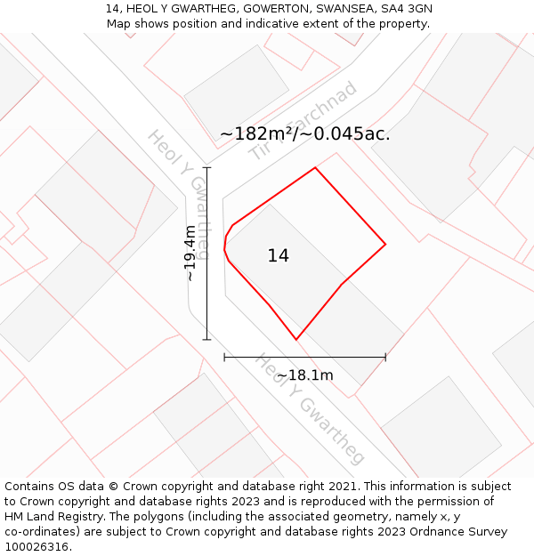 14, HEOL Y GWARTHEG, GOWERTON, SWANSEA, SA4 3GN: Plot and title map