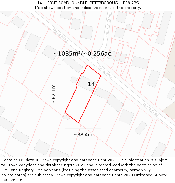 14, HERNE ROAD, OUNDLE, PETERBOROUGH, PE8 4BS: Plot and title map