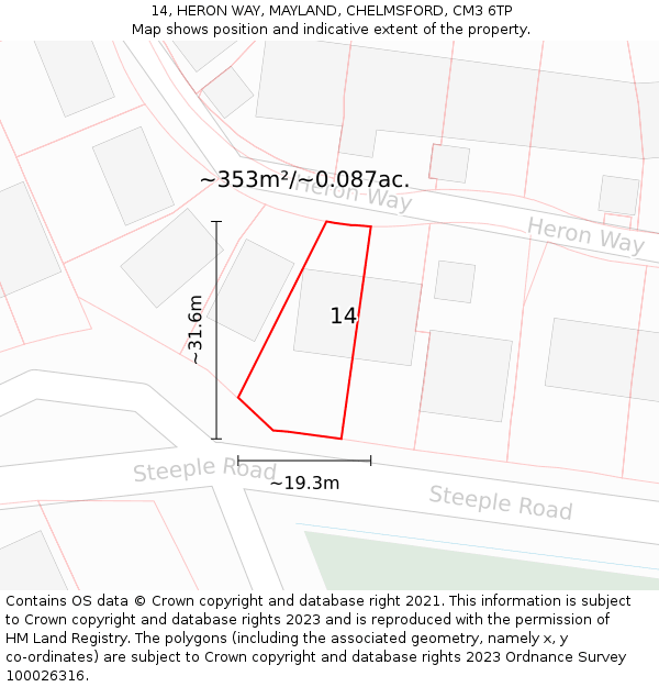 14, HERON WAY, MAYLAND, CHELMSFORD, CM3 6TP: Plot and title map