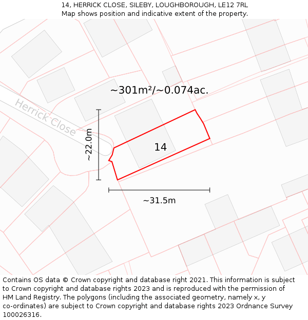 14, HERRICK CLOSE, SILEBY, LOUGHBOROUGH, LE12 7RL: Plot and title map