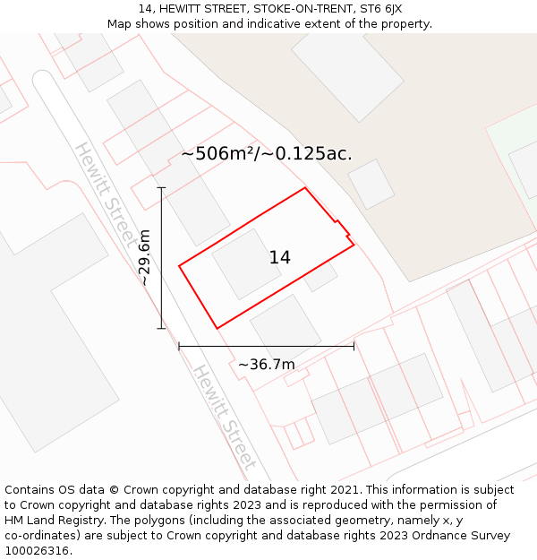 14, HEWITT STREET, STOKE-ON-TRENT, ST6 6JX: Plot and title map