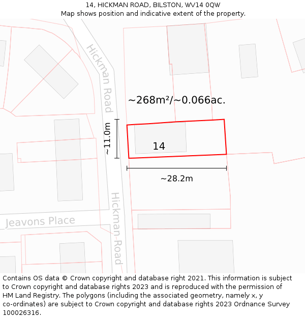 14, HICKMAN ROAD, BILSTON, WV14 0QW: Plot and title map